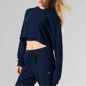 Alo Muse Navy Blue Ribbed Hoodie and Joggers Set